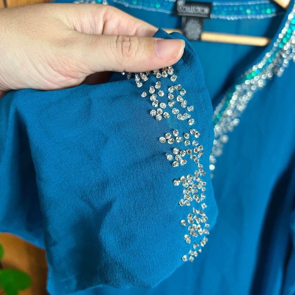 Vintage NY Collection 100% Silk Blue Beaded V Neck Tunic Top Shirt Blouse Boho - Picture 5 of 6